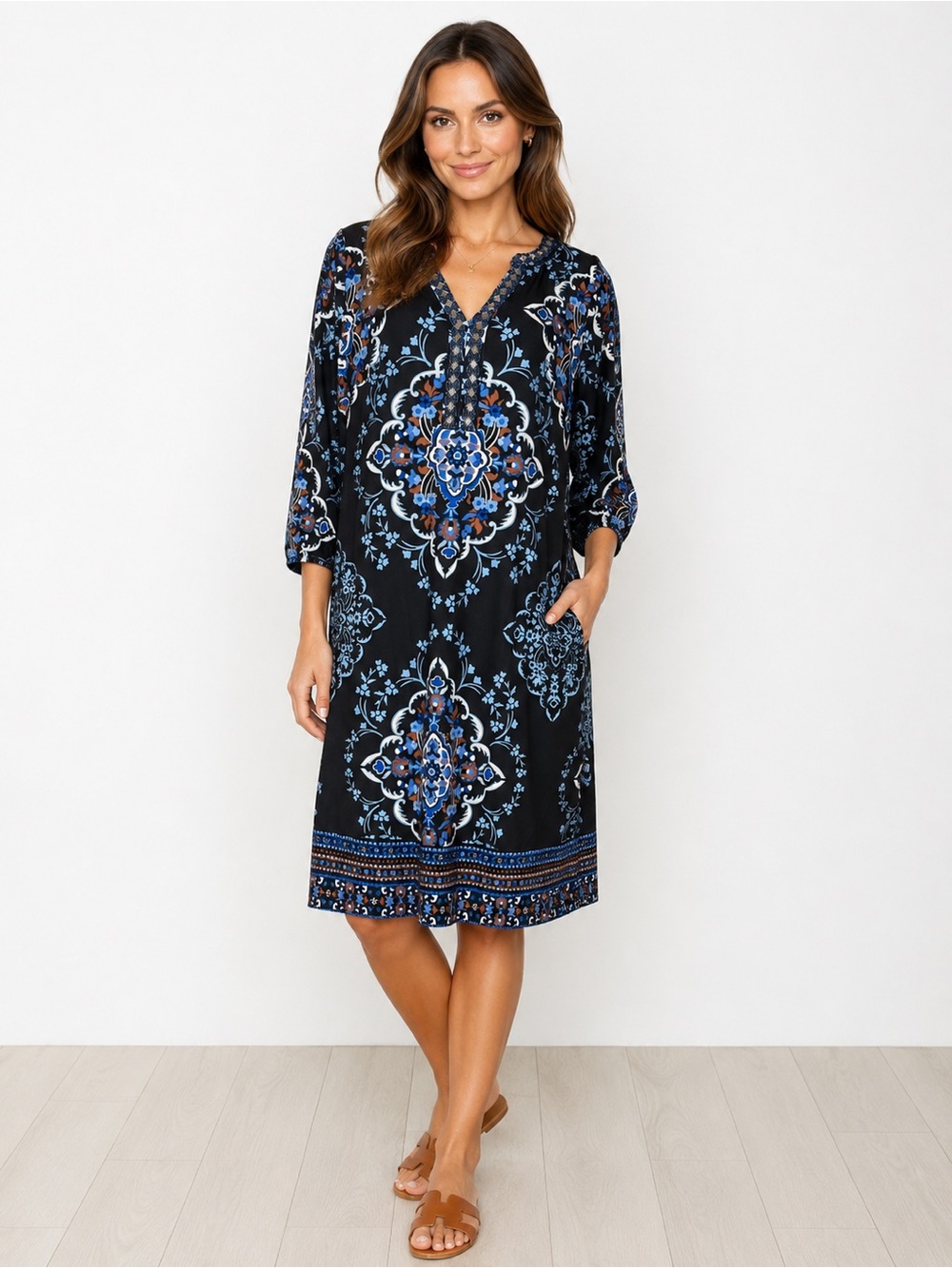 Soft Surroundings Black Midi Dress with Blue Floral Medallion Print